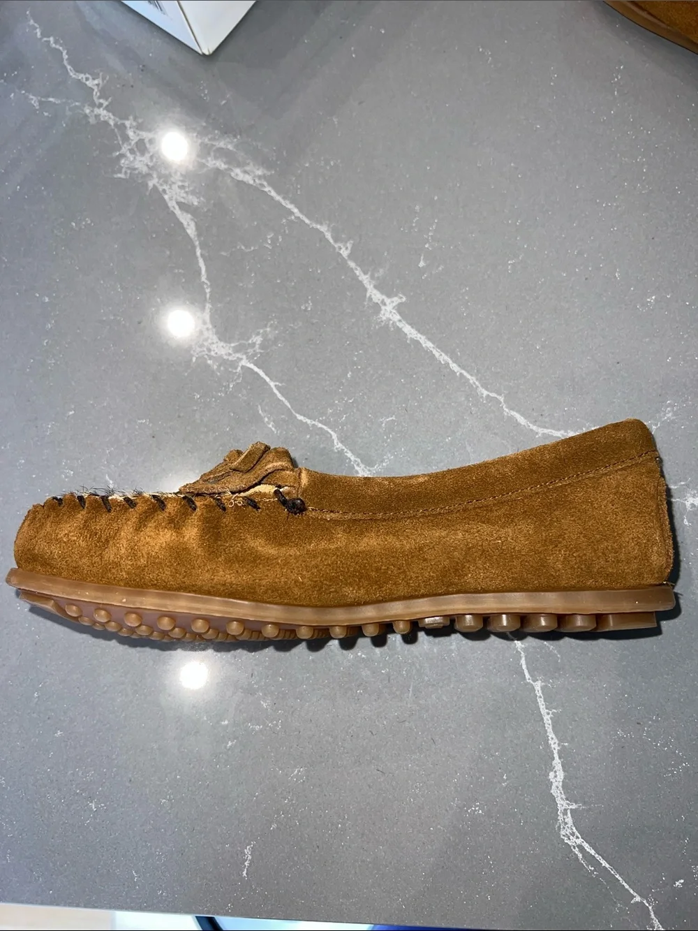 Minnetonka KIDS Suede Moccasins with Leopard Haircalf Accent DUSTY BROWN